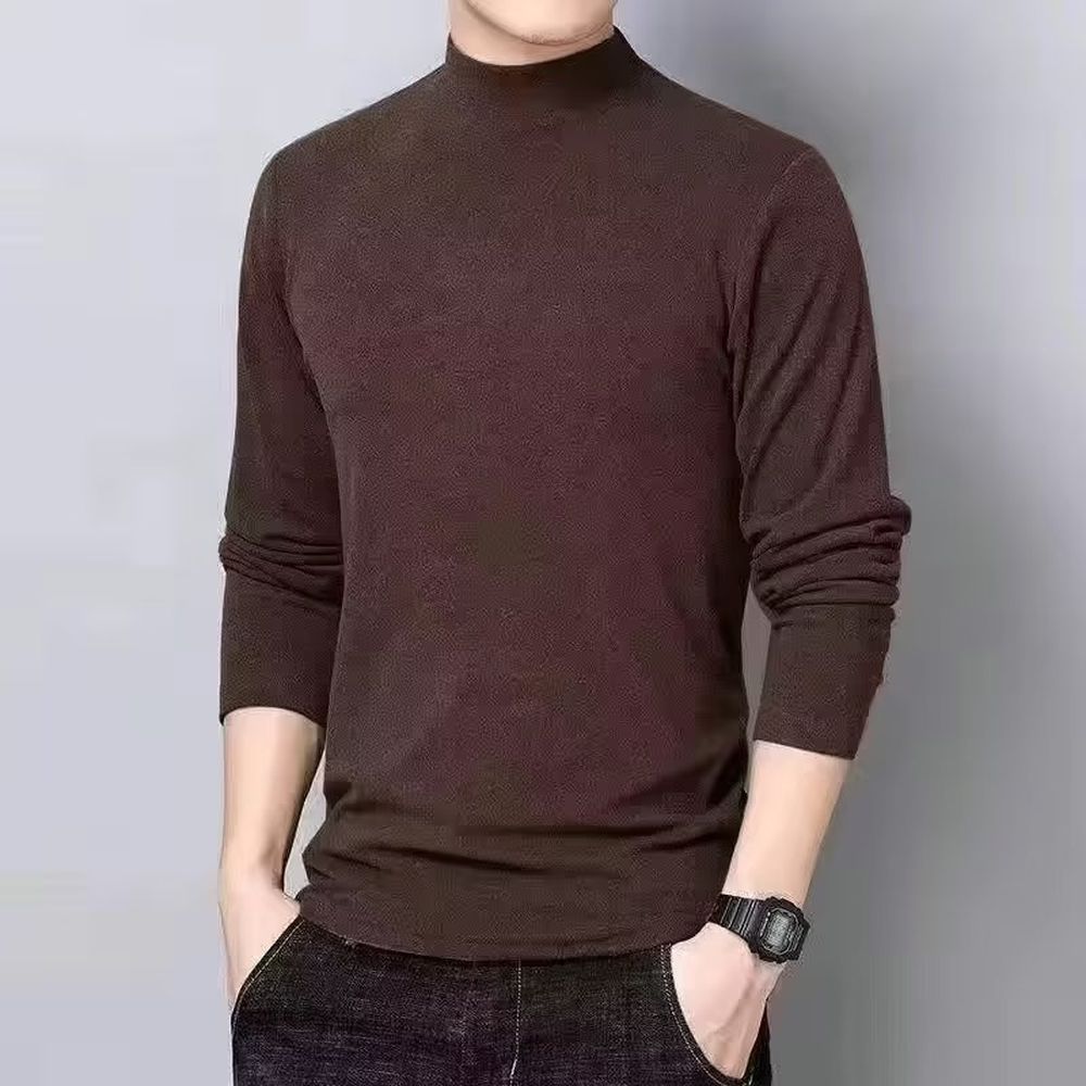 Men's High-neck Long-sleeved T-shirt with Fleece Lining Warm Sweater Base Layer